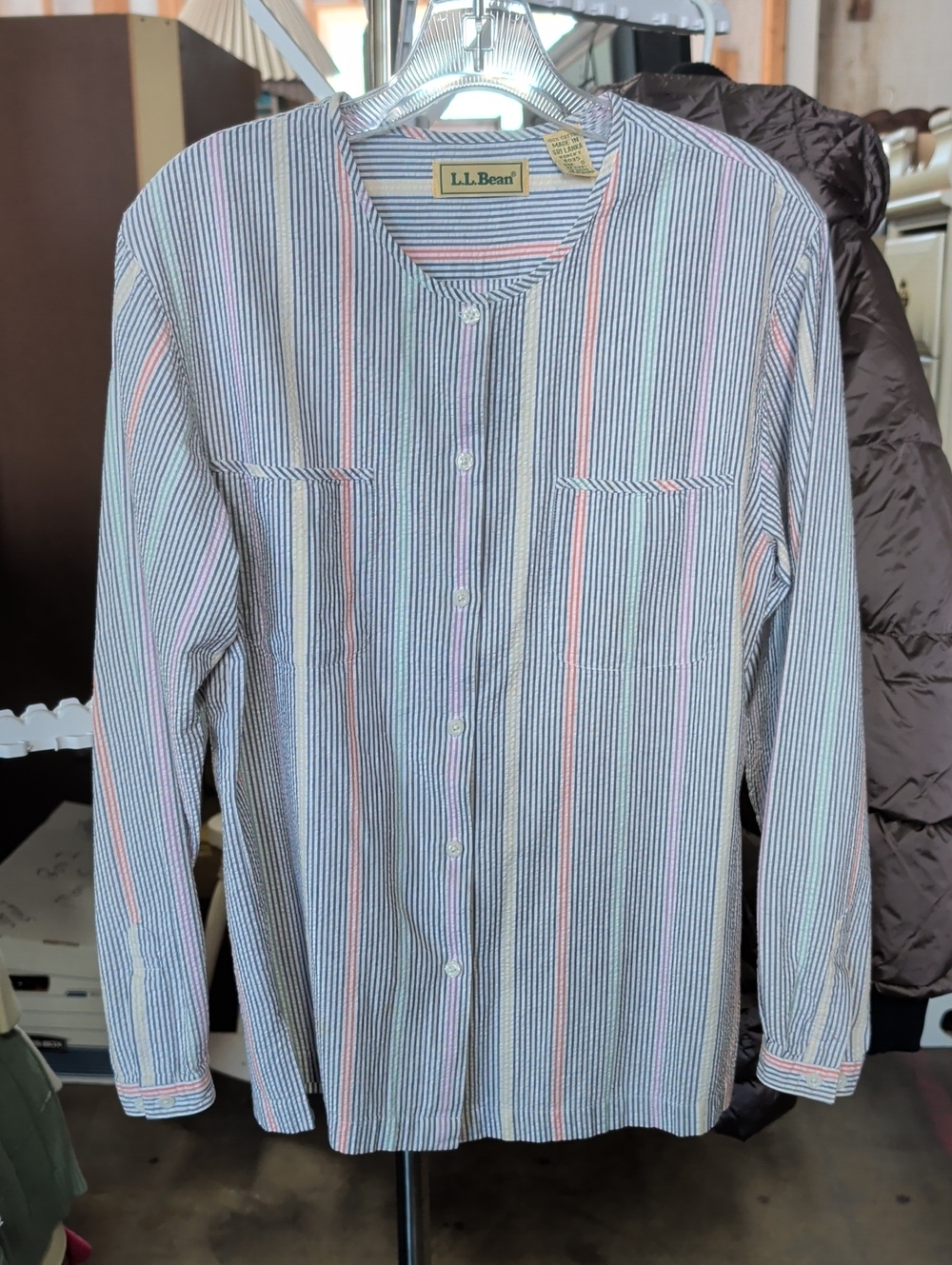 Vintage L.L. Bean Cotton Striped Collarless Shirt Women Small Candy Pastel TLC